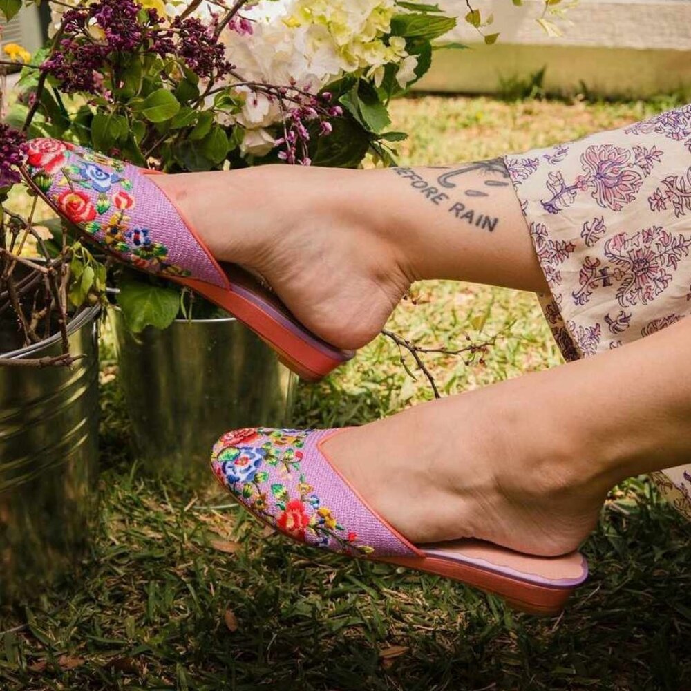 Miss L Fire purple floral needlepoint Persimmon flats size 39